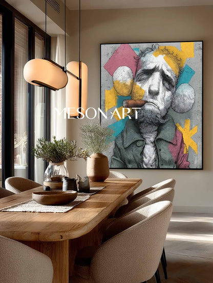 Large Man smoking cigar abstract portrait painting Cigar shop abstract canvas wall art decoration