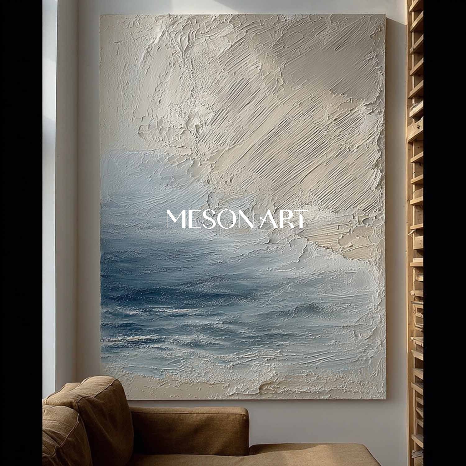 Large 3D Blue And Beige Abstract Canvas Art Abstract Sea Texture Paintings Sea Wall Art Decor