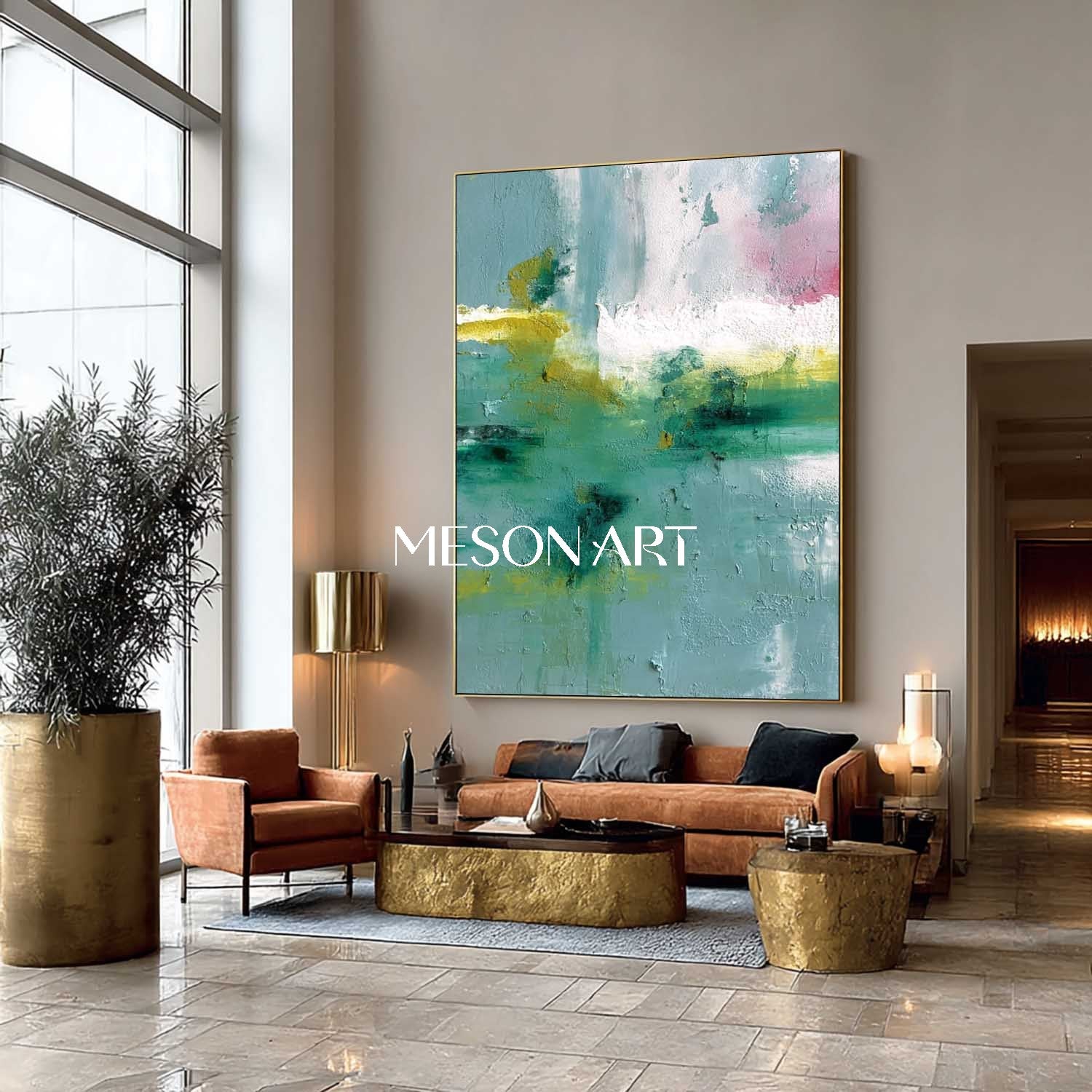 Light Green Abstract Painting Green Wall Art Decor Above the Fireplace