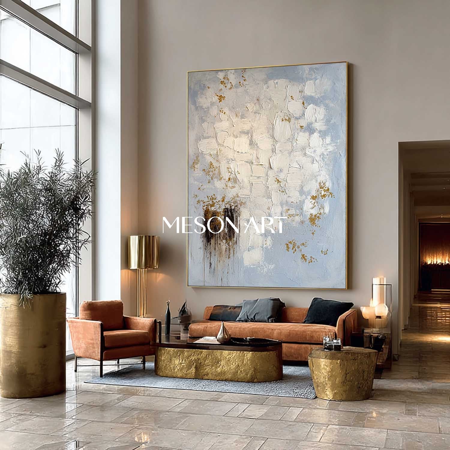 Minimalist Abstract Art Blue Beige Luxury Impasto Painting Wall Décor