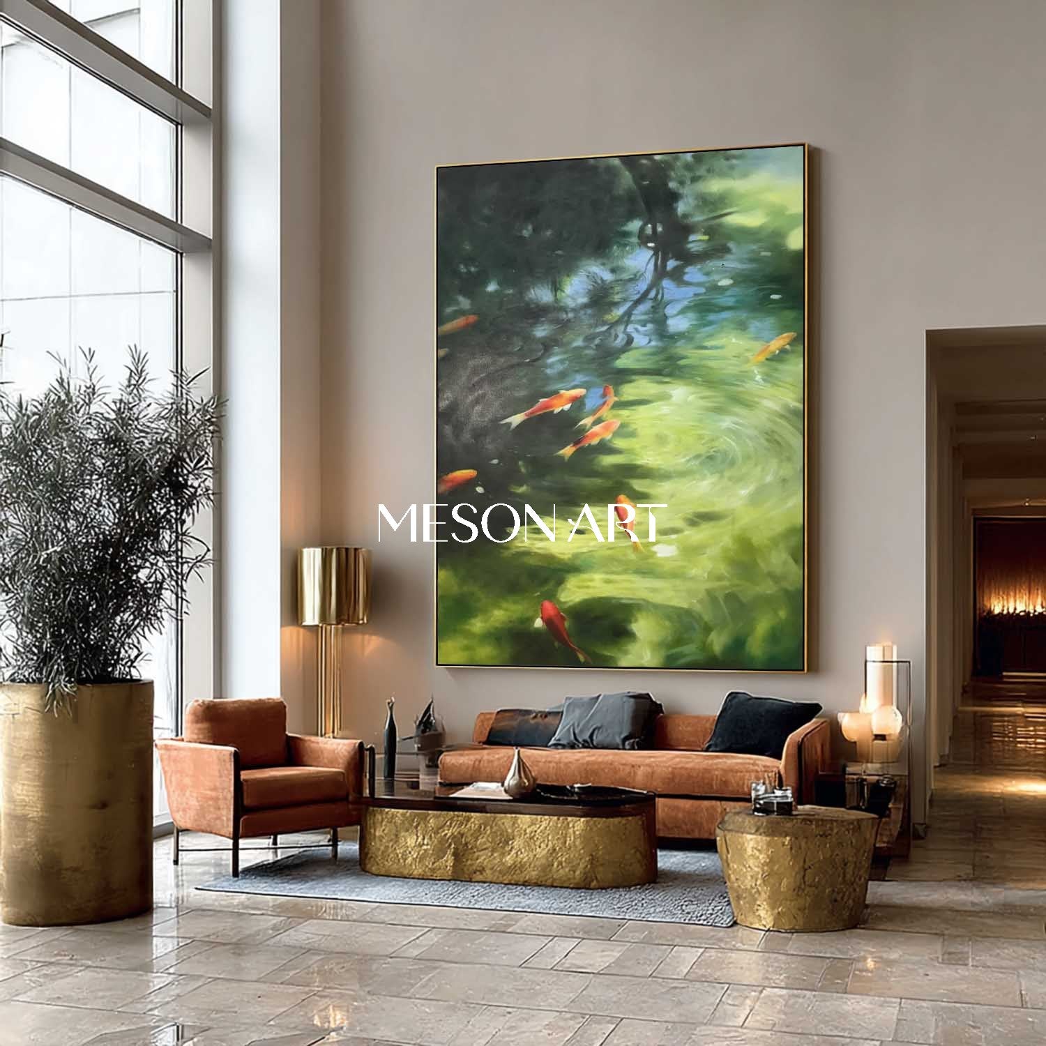 Handmade Green Water Feng Shui Koi Fish Canvas Peaceful Zen Wall Art