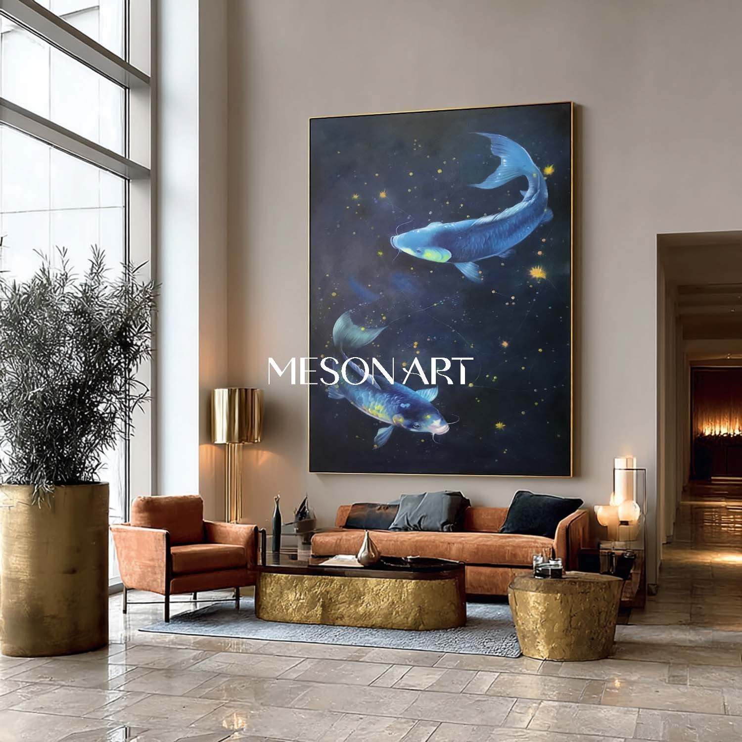 豪華な手描きの青い鯉魚壁アート風水キャンバス絵画 – MesonArt