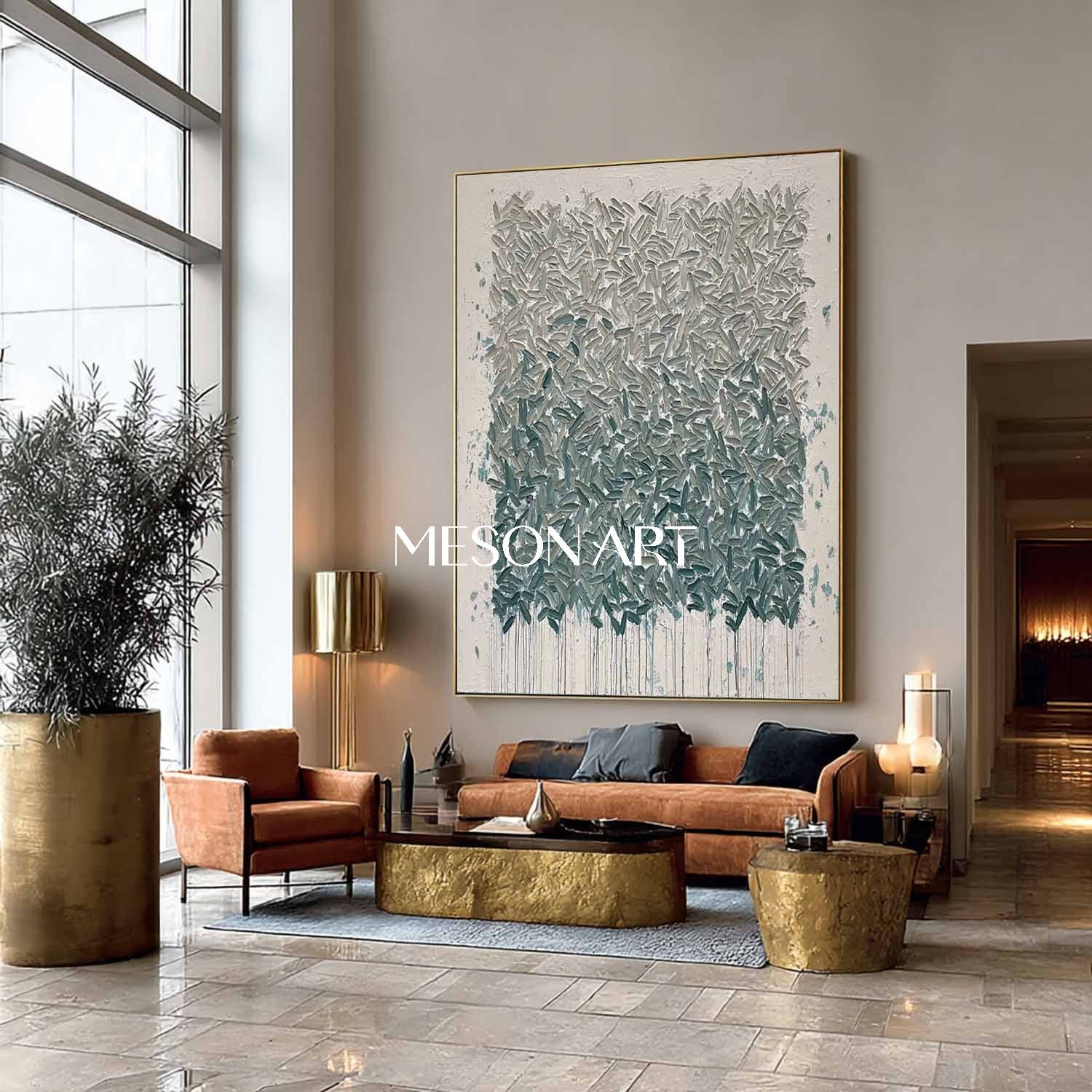Abstract Expressionism Oil Painting Grey-Blue Green Textured Wall Art
