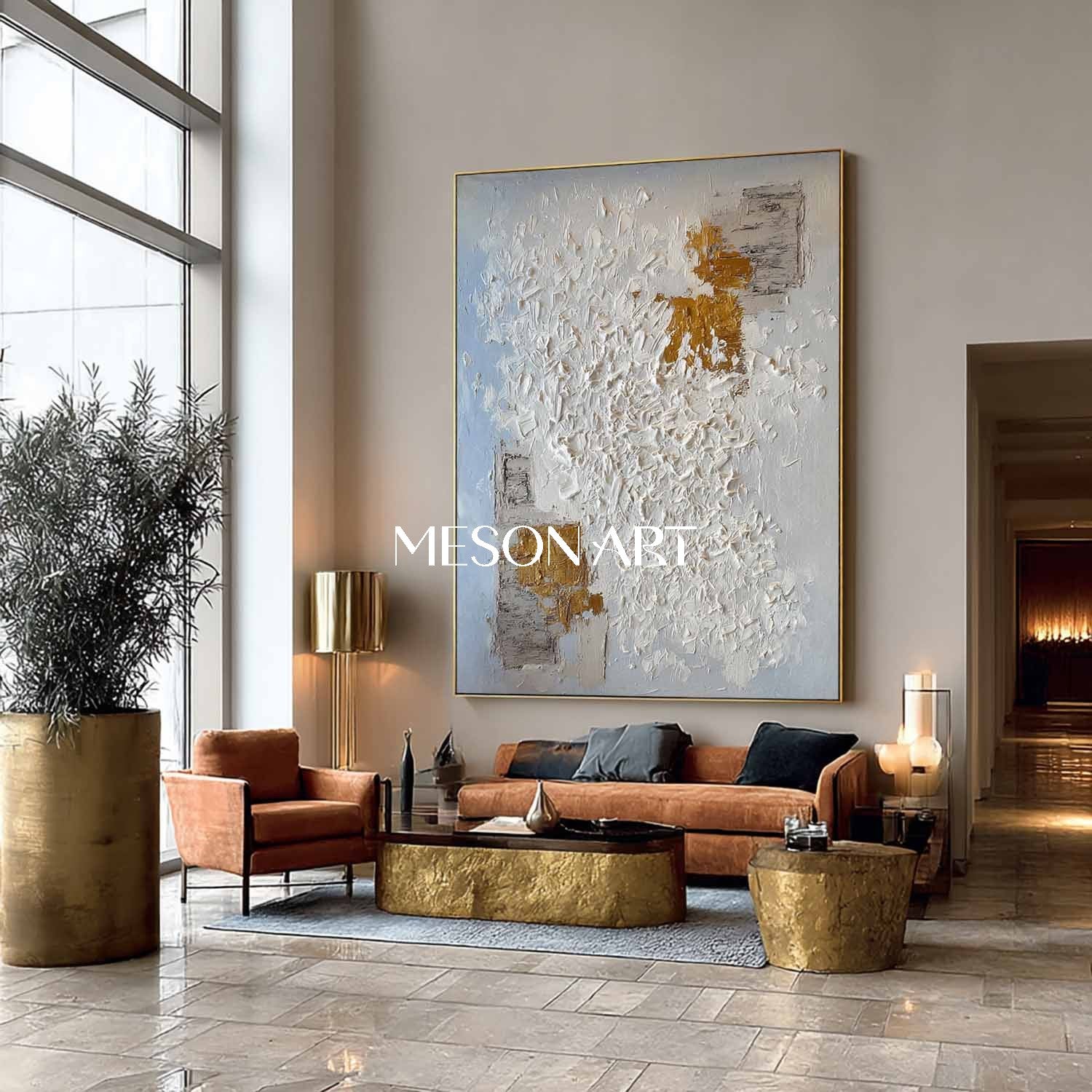 Abstract Expressionist Painting White Gold Texture Contemporary Art