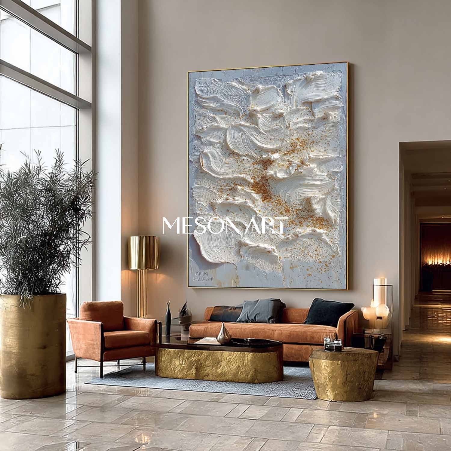 Large Vertical Impasto Painting White Texture Canvas with Gold Accents