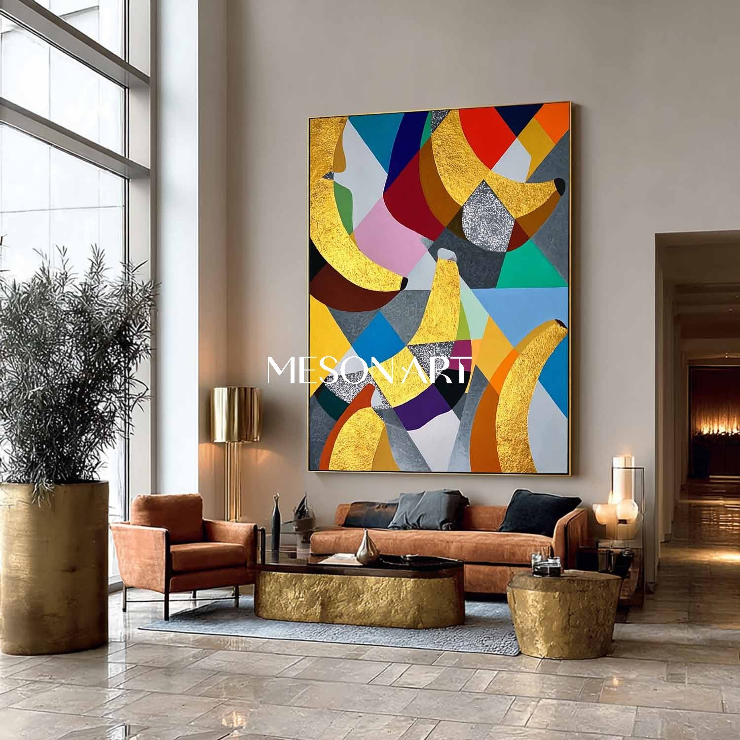 Geometric Gold Banana Pop Art Abstract Oil Painting Modern Wall Decor