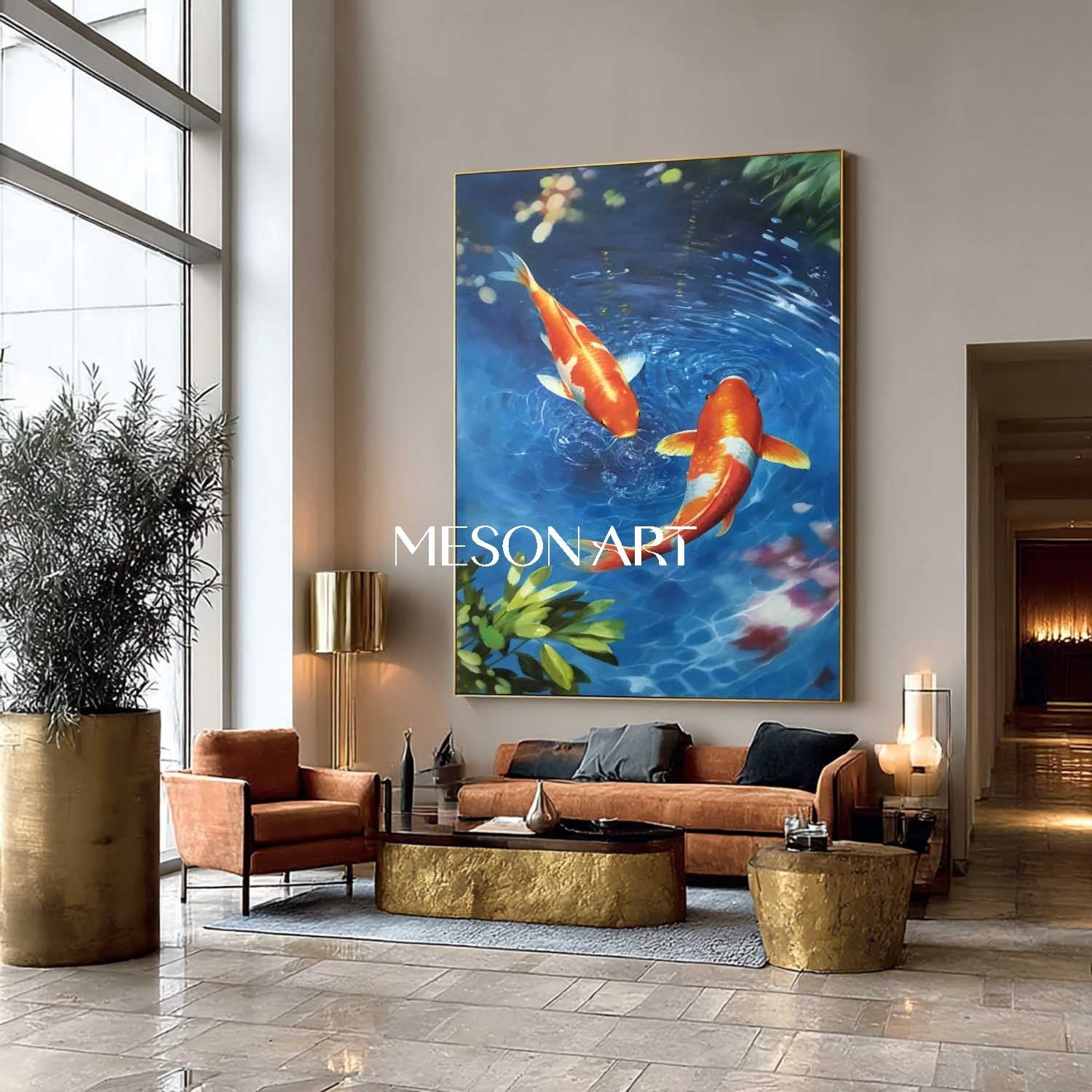手描き垂直鯉魚額装キャンバス青い水の壁アート – MesonArt