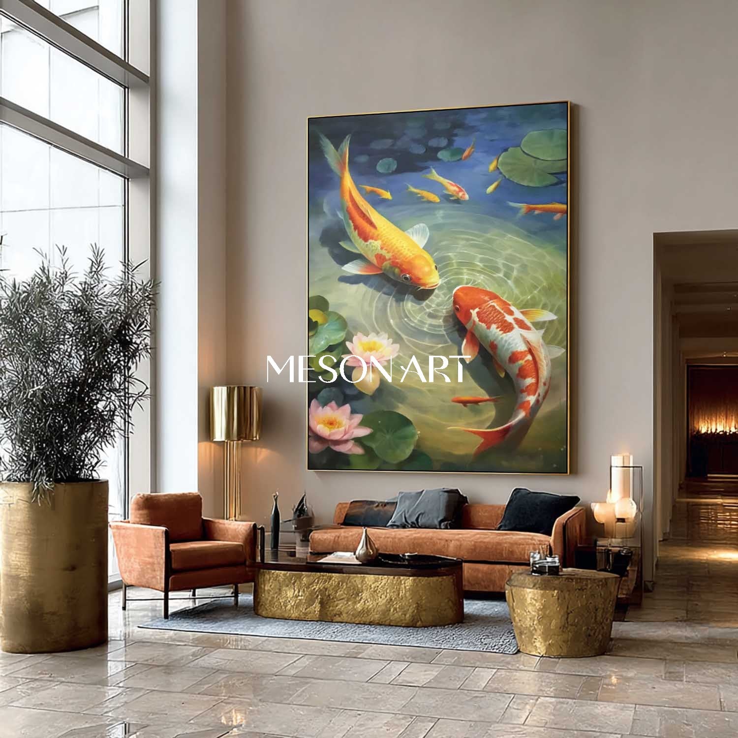 豪華な金赤風水鯉魚カップル絵画寝室の壁アート – MesonArt