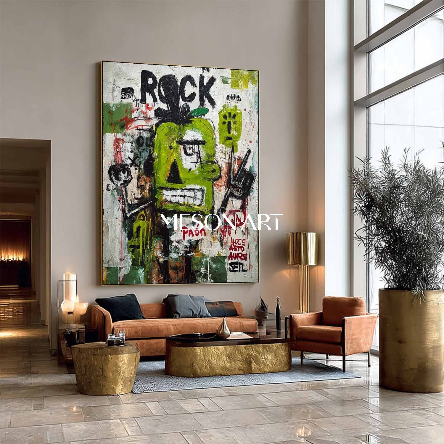 Original Rock Basquiat Inspired Green Abstract Painting Urban Wall Art