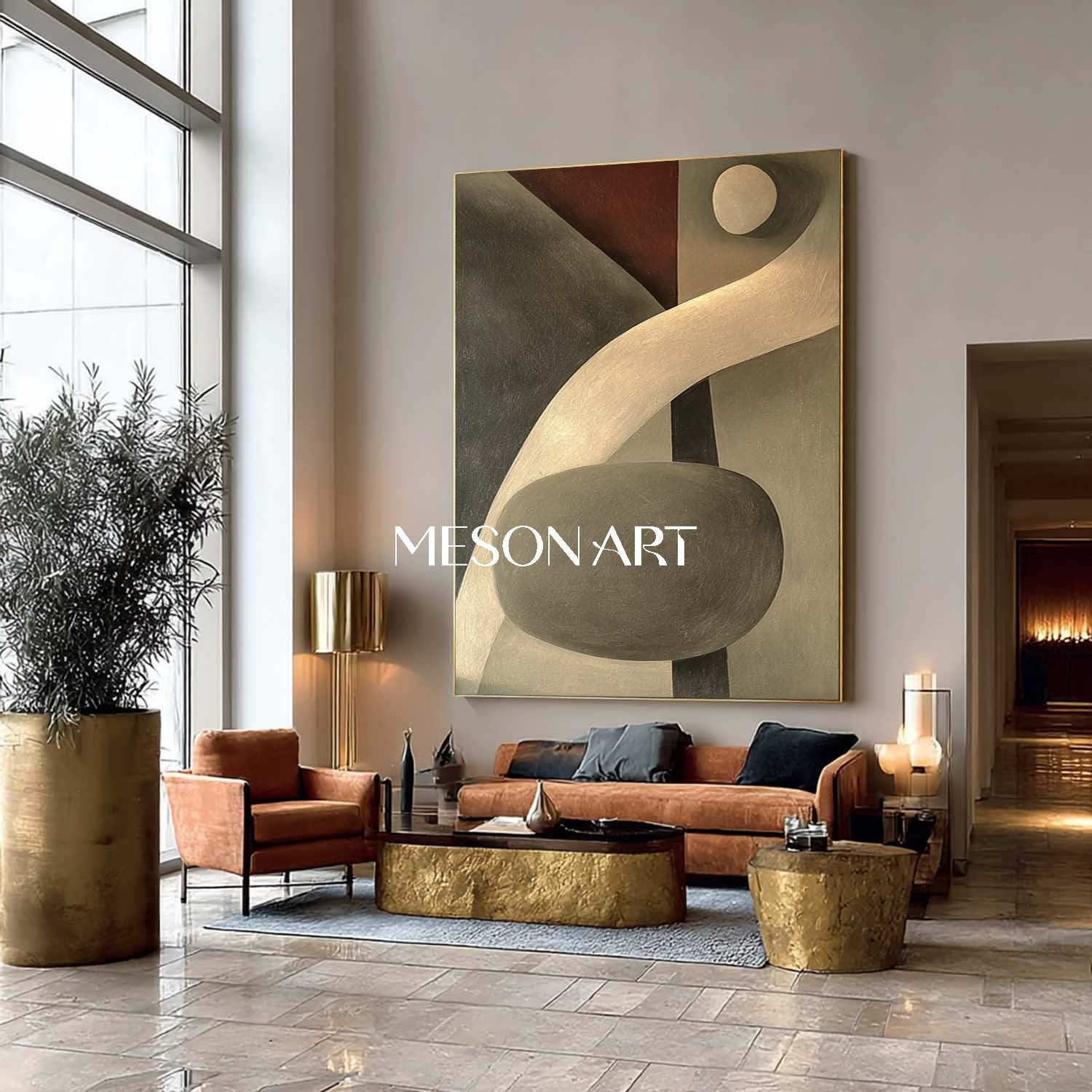暖かい灰色の抽象的なテクスチャ油絵キャンバス額装アート玄関 – MesonArt
