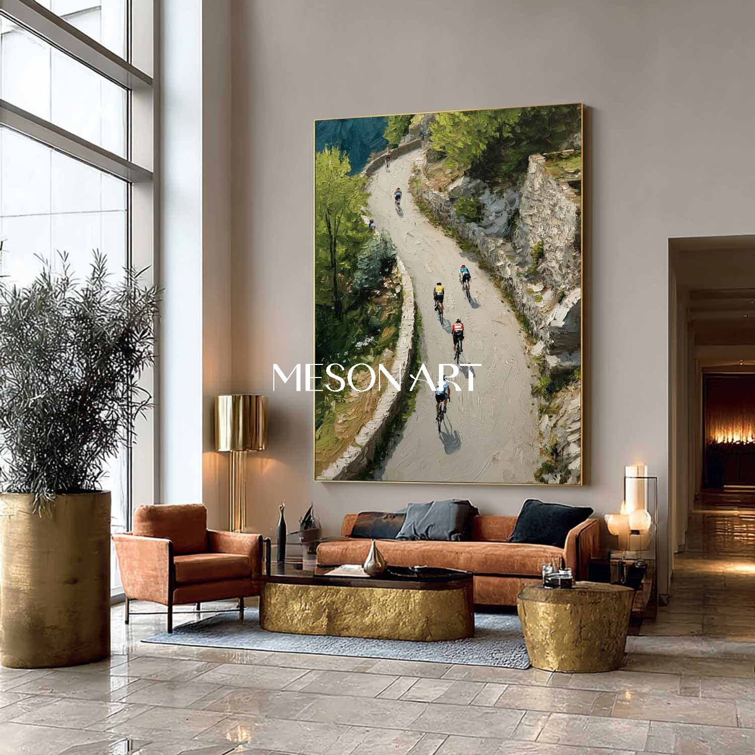 Spring Impasto Green Mountain Cycling Painting Textured Canvas Wall Art