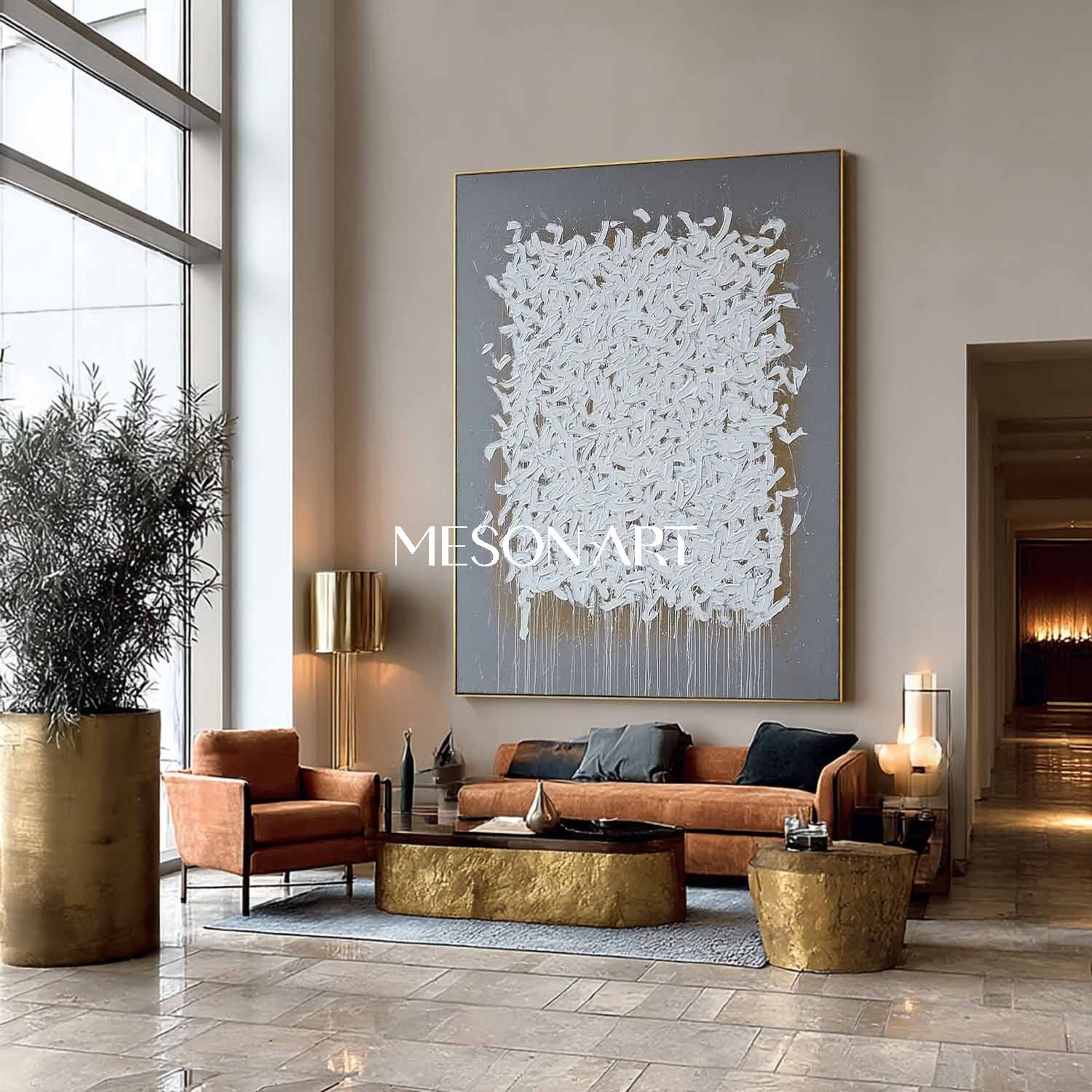 Wabi-Sabi Abstract Painting White Brush Strokes Grey Minimalist Canvas