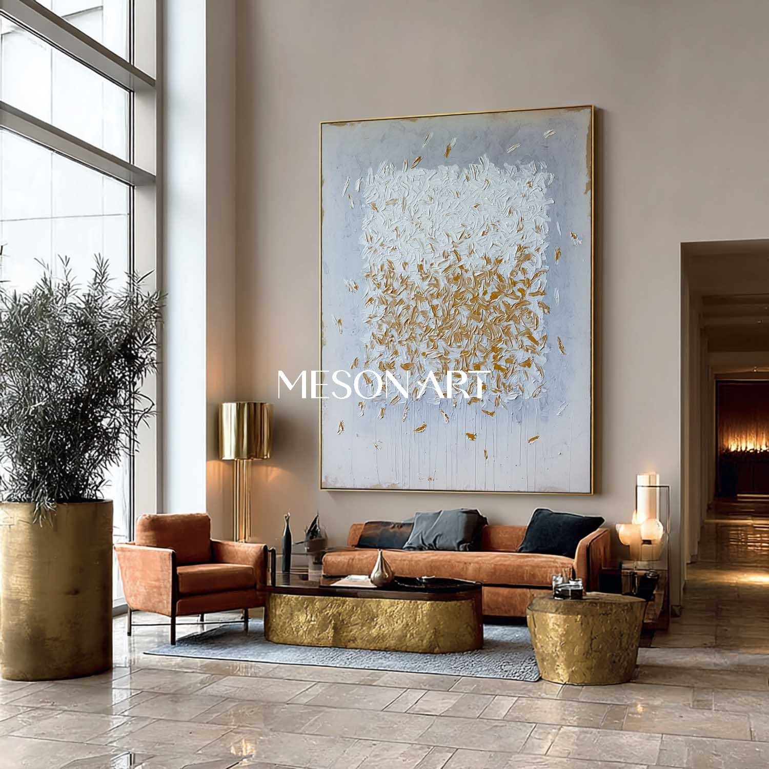 Large Abstract Canvas Painting Blue and Gold Brush Strokes Wall Art
