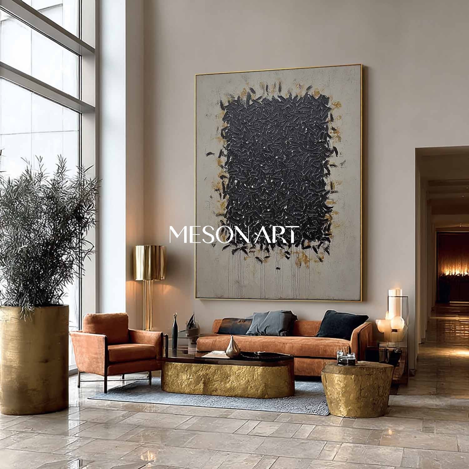 Handmade Black Abstract Painting Wabi-Sabi Style Minimalist Decor