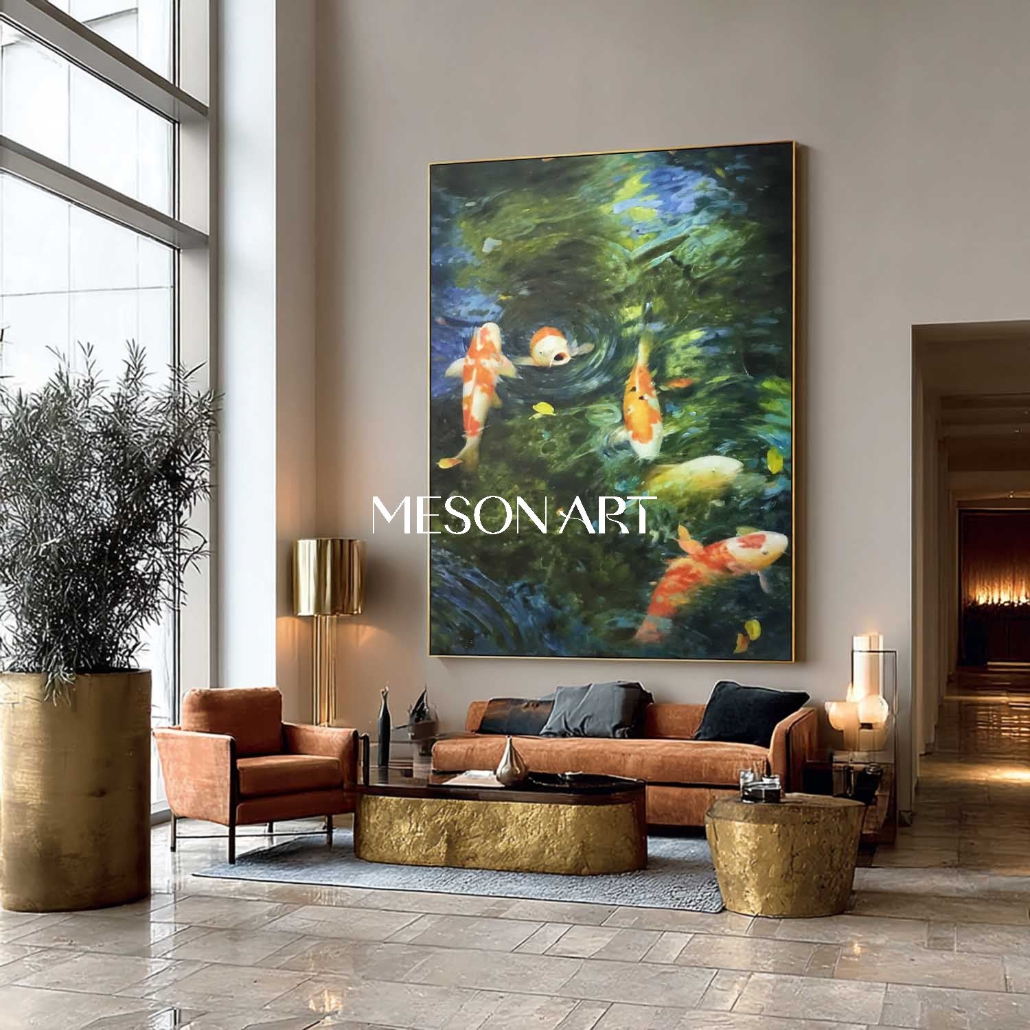 Large Green Textured Oil Painting Water Koi Pond Living Room Art Decor