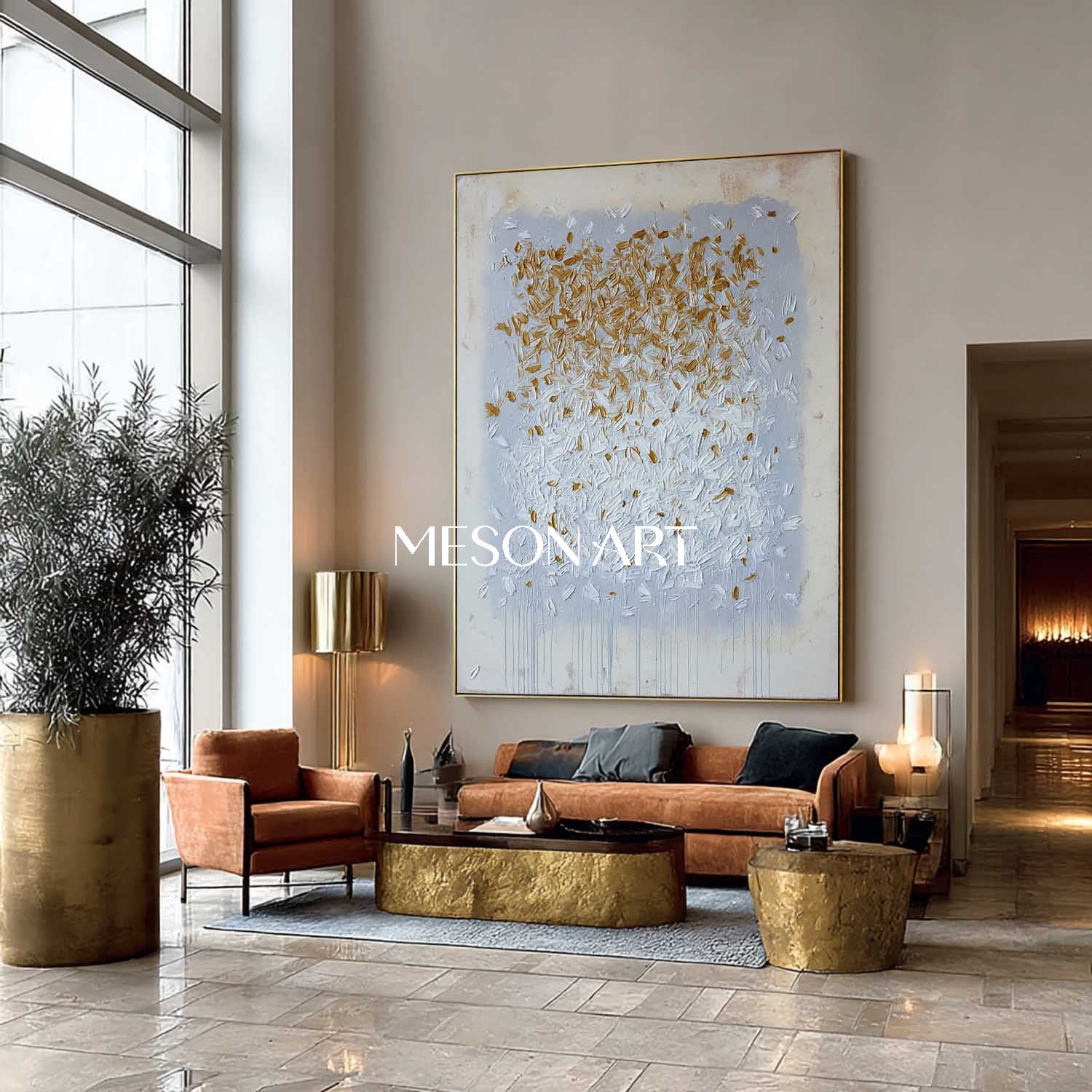 Modern Abstract Oil Painting Grey White Gold Luxury Contemporary Decor