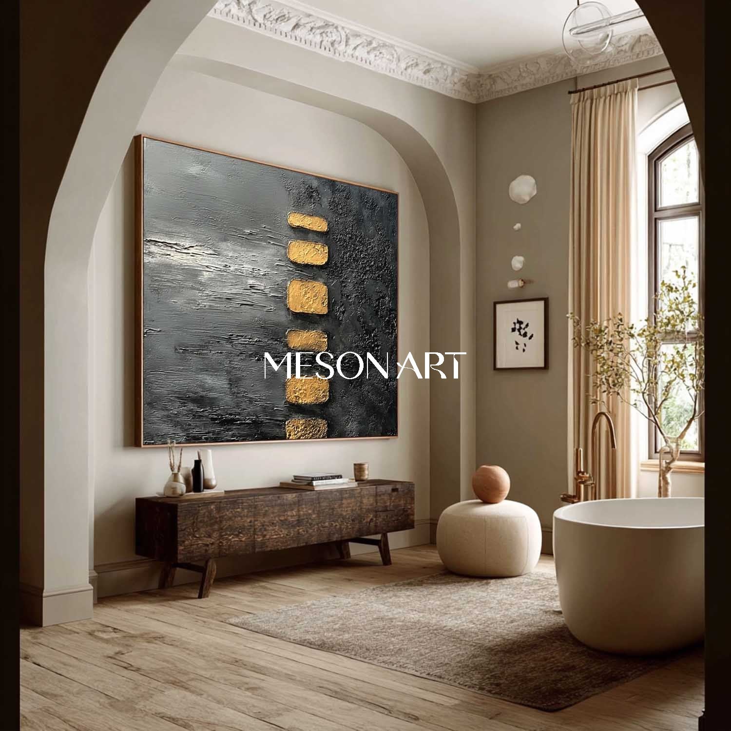 Modern Abstract Gold and Black Wabi-Sabi Painting for Luxury Spaces