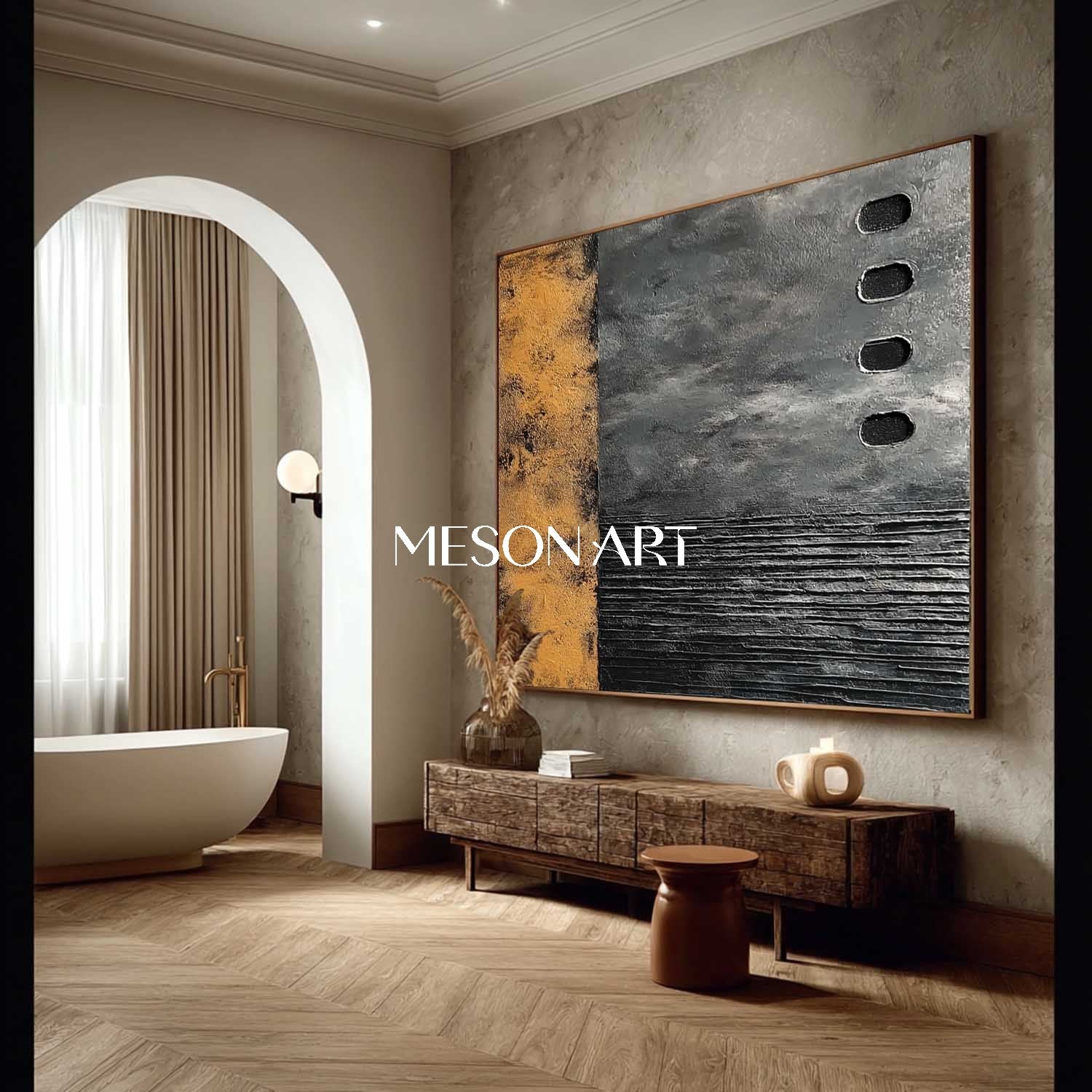 Large Hand-Painted Wabi-Sabi Black Abstract Art Canvas Living Room
