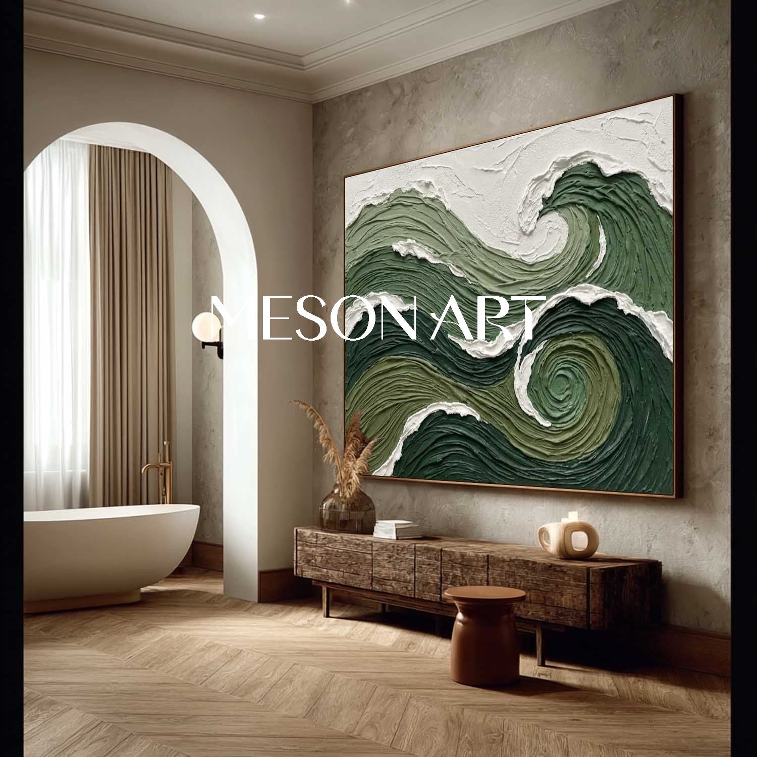 Dark Green Wave Art Horizontal Forest Green Abstract Wave Swirling Ocean Abstract Painting