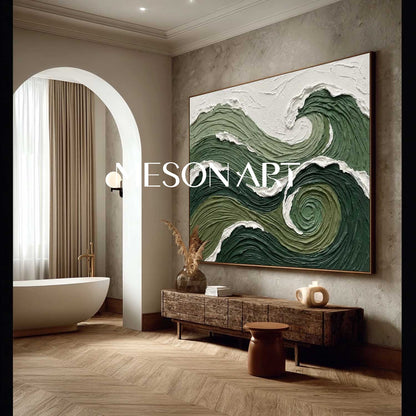 Dark Green Wave Art Horizontal Forest Green Abstract Wave Swirling Ocean Abstract Painting