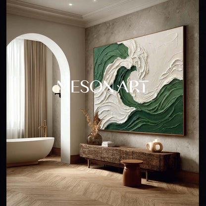 Dark Green Crashing Wave Canvas Large Ocean Abstract Art Moody Coastal Decor