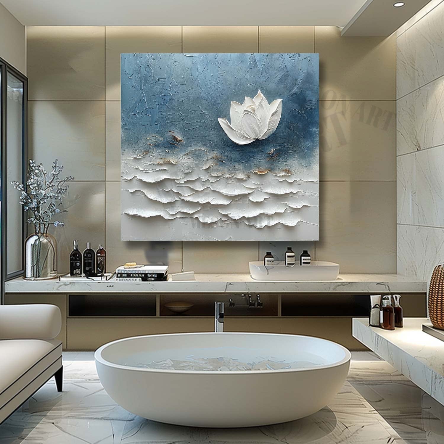 3D Monet Lotus Oil Painting for Sale White Flower Plaster Art Textured Floral Canvas Wall Art Decor