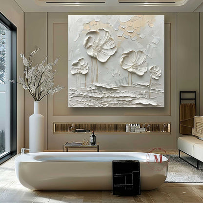 White floral plaster art canvas White Flowers plaster texture painting White floral texture wall art