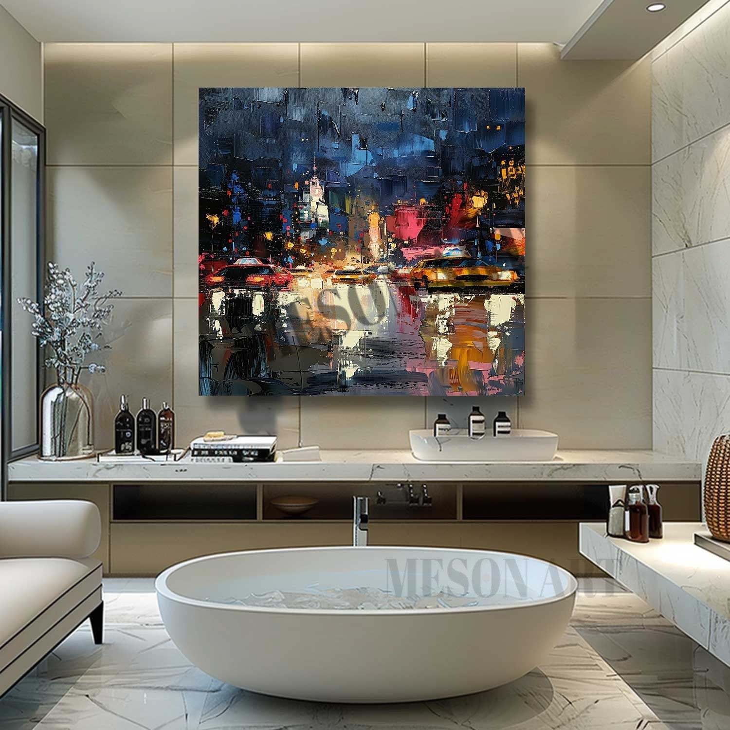 City Street Night Scene Texture Painting 3D Colorful City Street Night Scene Canvas Wall Art