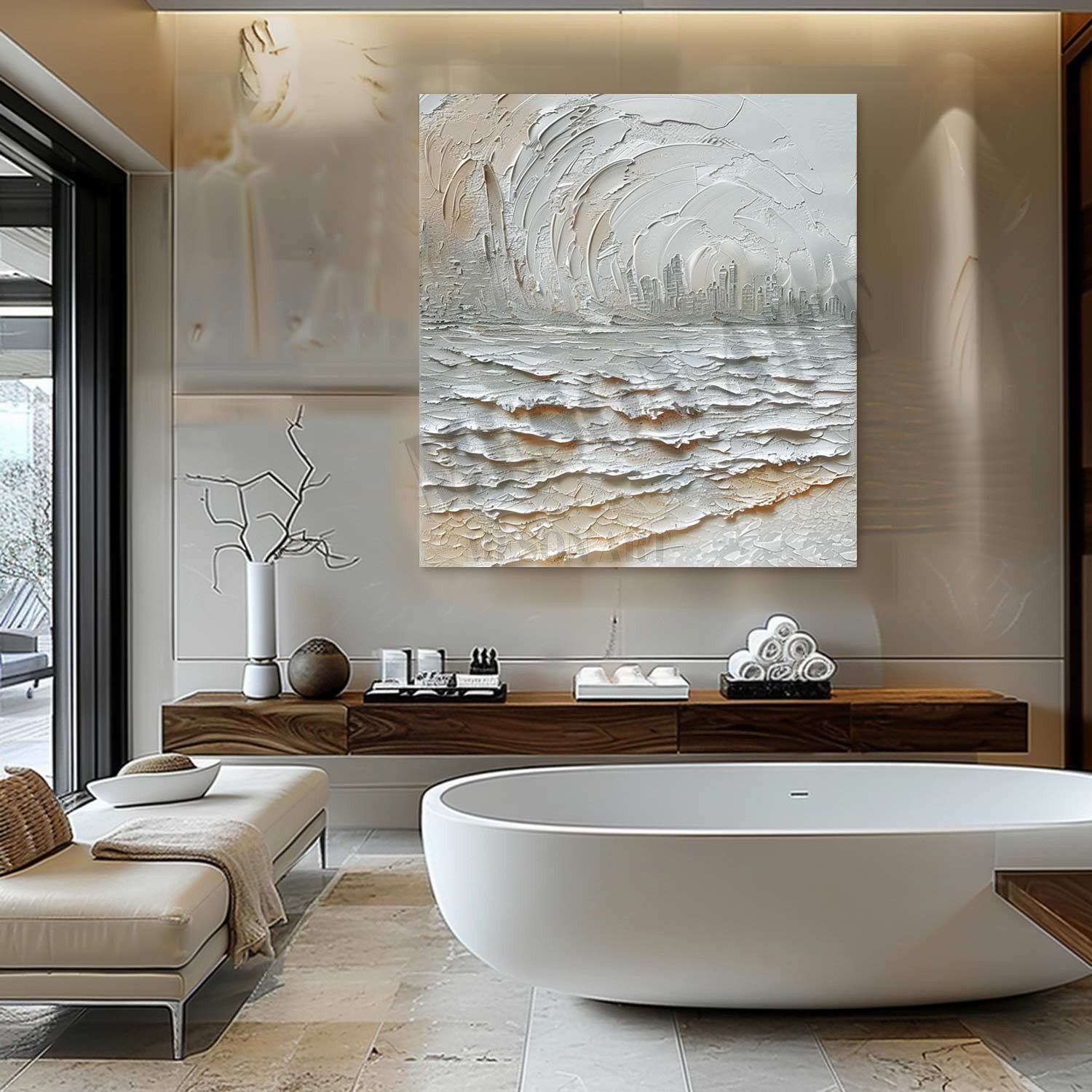 White Seaside City Abstract Painting White Seaside City Abstract Wall Art Snow Textured Art Canvas