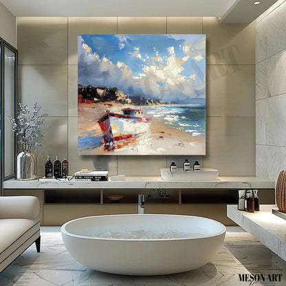 Beach Boat Art for Sale Coast Ship Texture Painting 3D Coast Ship Canvas Texture Wall Art