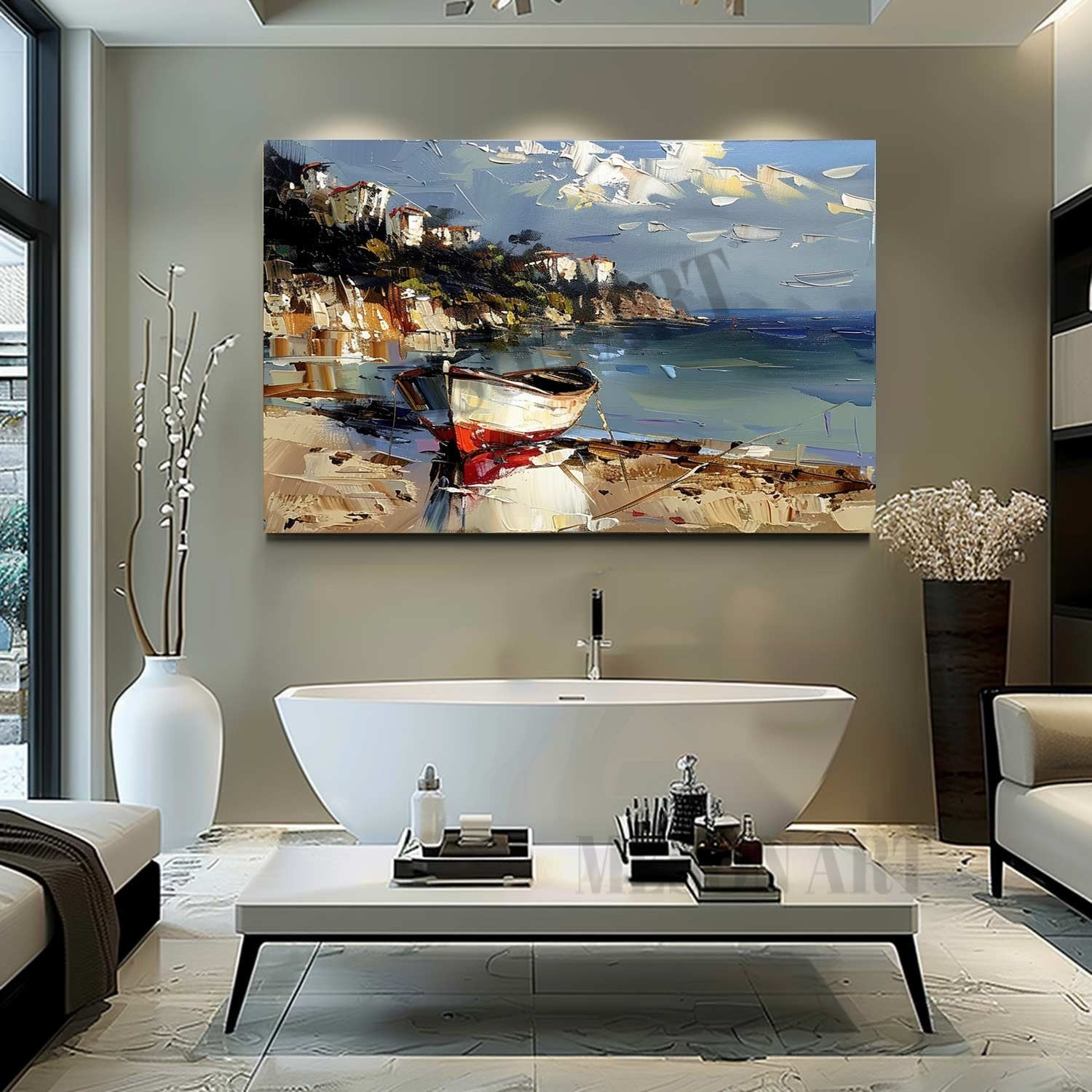 Colorful Coast Ship Scenery Texture Painting 3D Coast Ship Canvas Wall Art Beach Ship Art