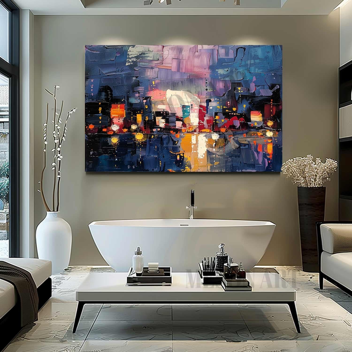 3D City Night Scene Texture Painting 3D Colorful City Night Scene Canvas Wall Art for Sale
