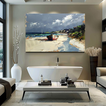 Seaside Ship Texture Painting Seaside Sailing Boat Canvas Wall Art 3D Sailing Ship Colorful Painting