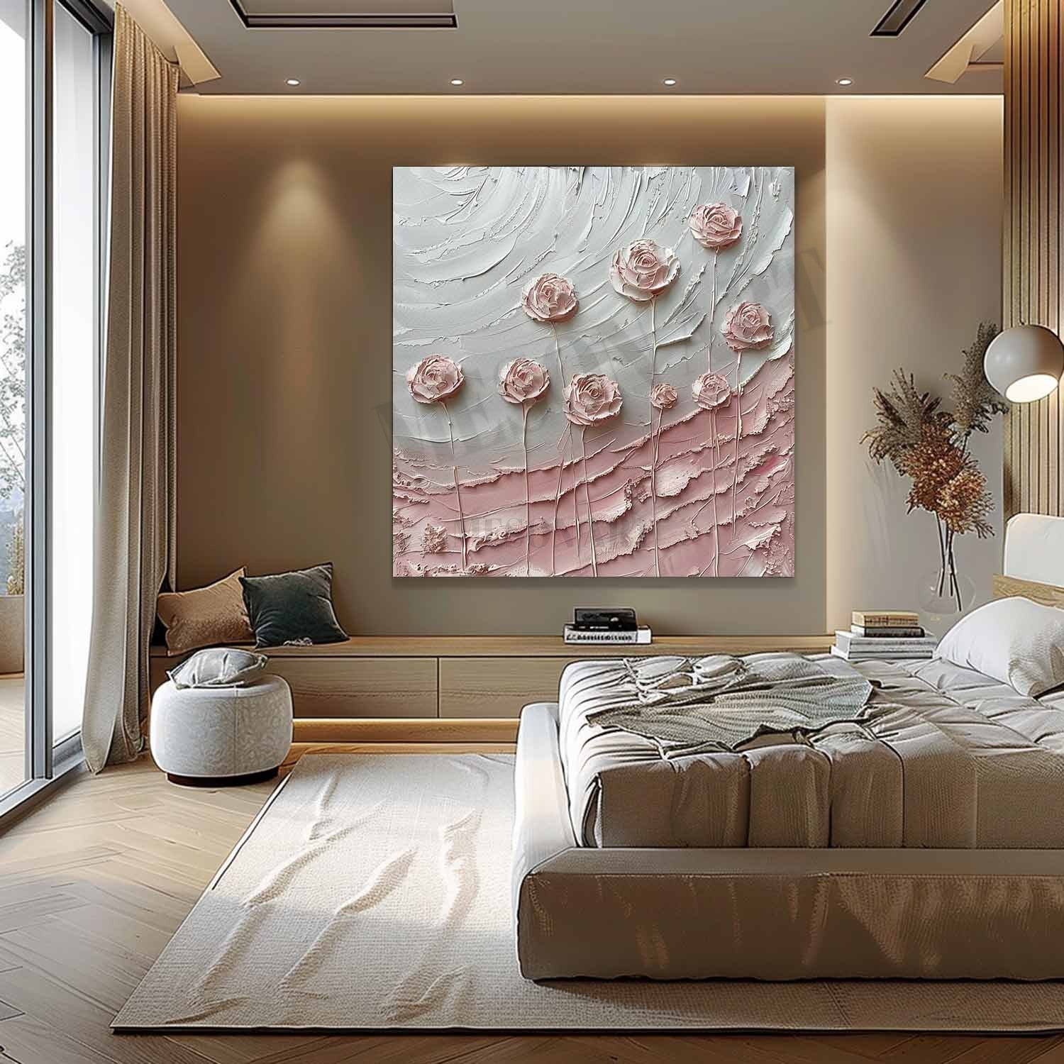 3D Pink Roses Oil Painting for Sale Pink Flowers Plaster Art Textured Rose Flowers Canvas Wall Art Decor