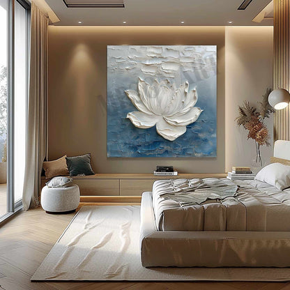 Monet Style Lotus Oil Painting for Sale 3D Textured Flower Canvas Wall Art White Plaster Flower Canvas Art