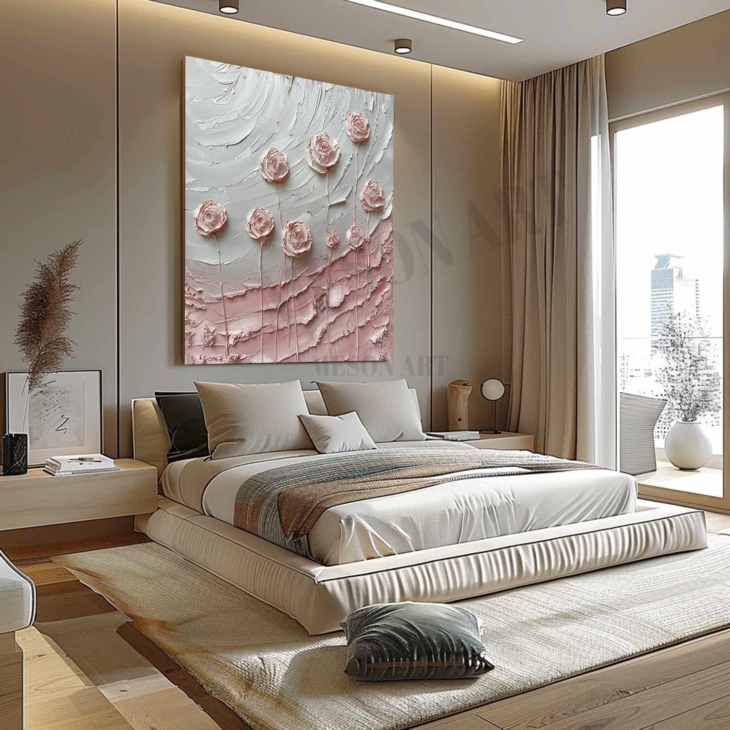 3D Pink Roses Oil Painting for Sale Pink Flowers Plaster Art Textured Rose Flowers Canvas Wall Art Decor
