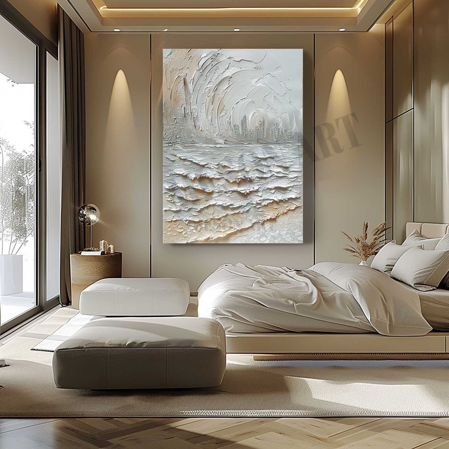 White Seaside City Abstract Painting White Seaside City Abstract Wall Art Snow Textured Art Canvas