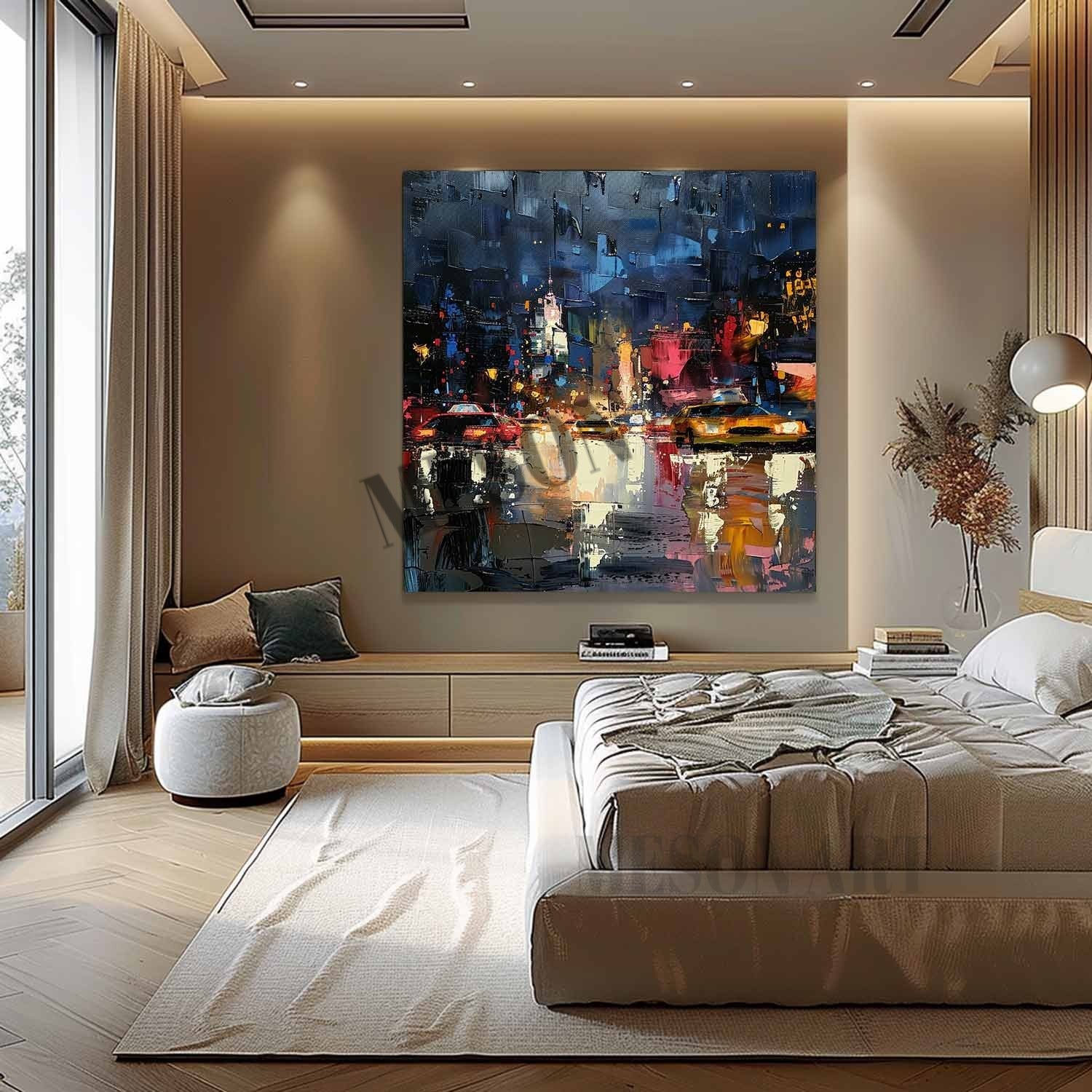 City Street Night Scene Texture Painting 3D Colorful City Street Night Scene Canvas Wall Art