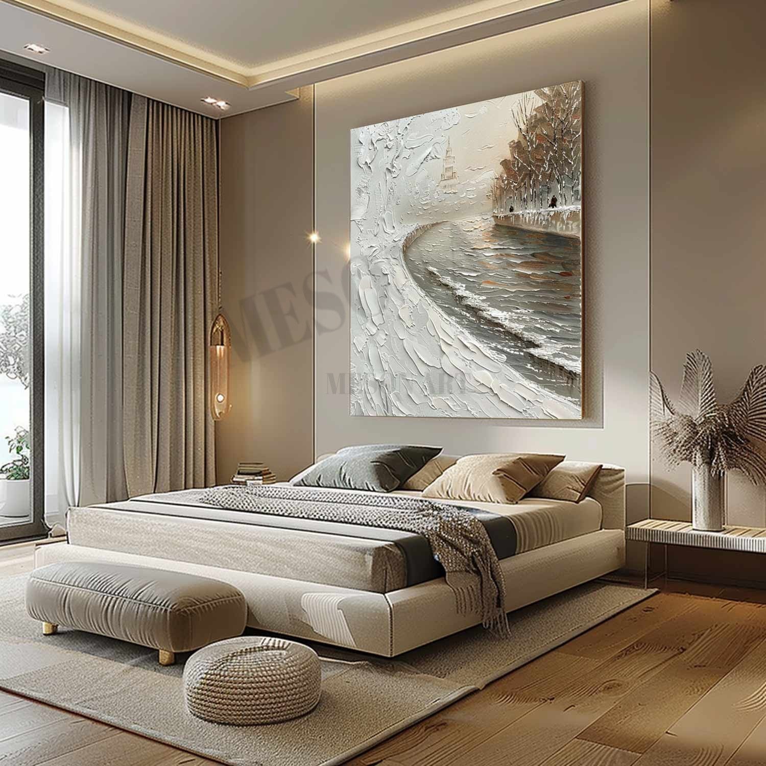 French Seine River Abstract Textured Painting Seine River Art Canvas Snowy Seine River Wall Art