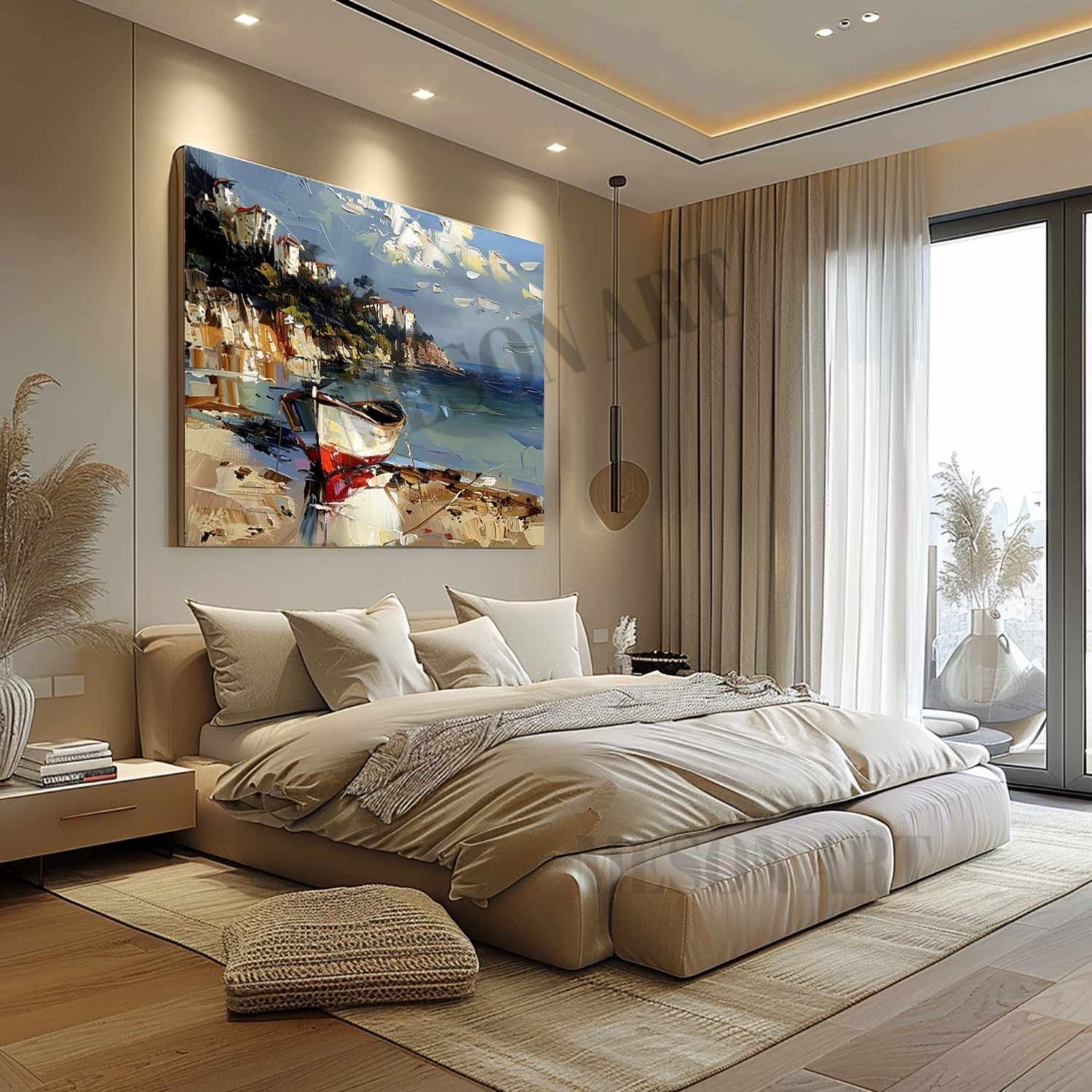Colorful Coast Ship Scenery Texture Painting 3D Coast Ship Canvas Wall Art Beach Ship Art
