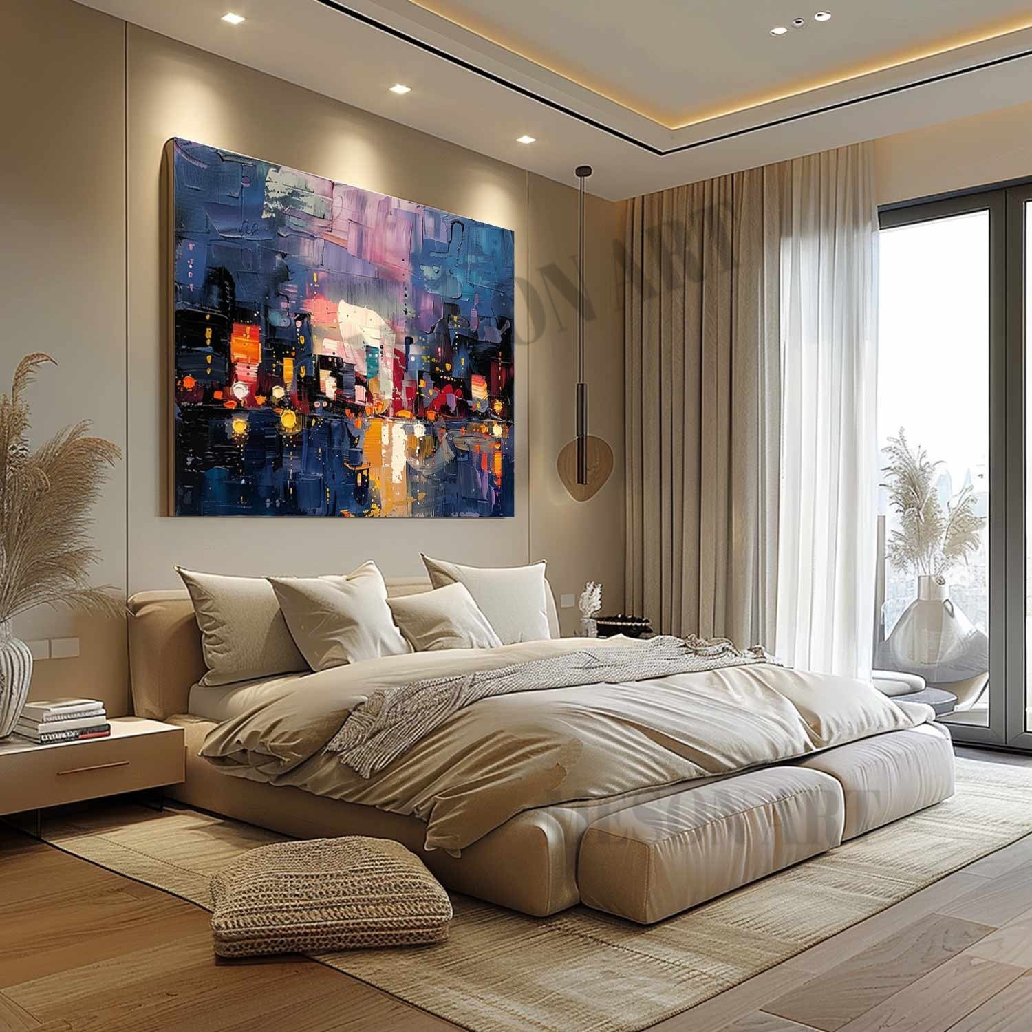 3D City Night Scene Texture Painting 3D Colorful City Night Scene Canvas Wall Art for Sale