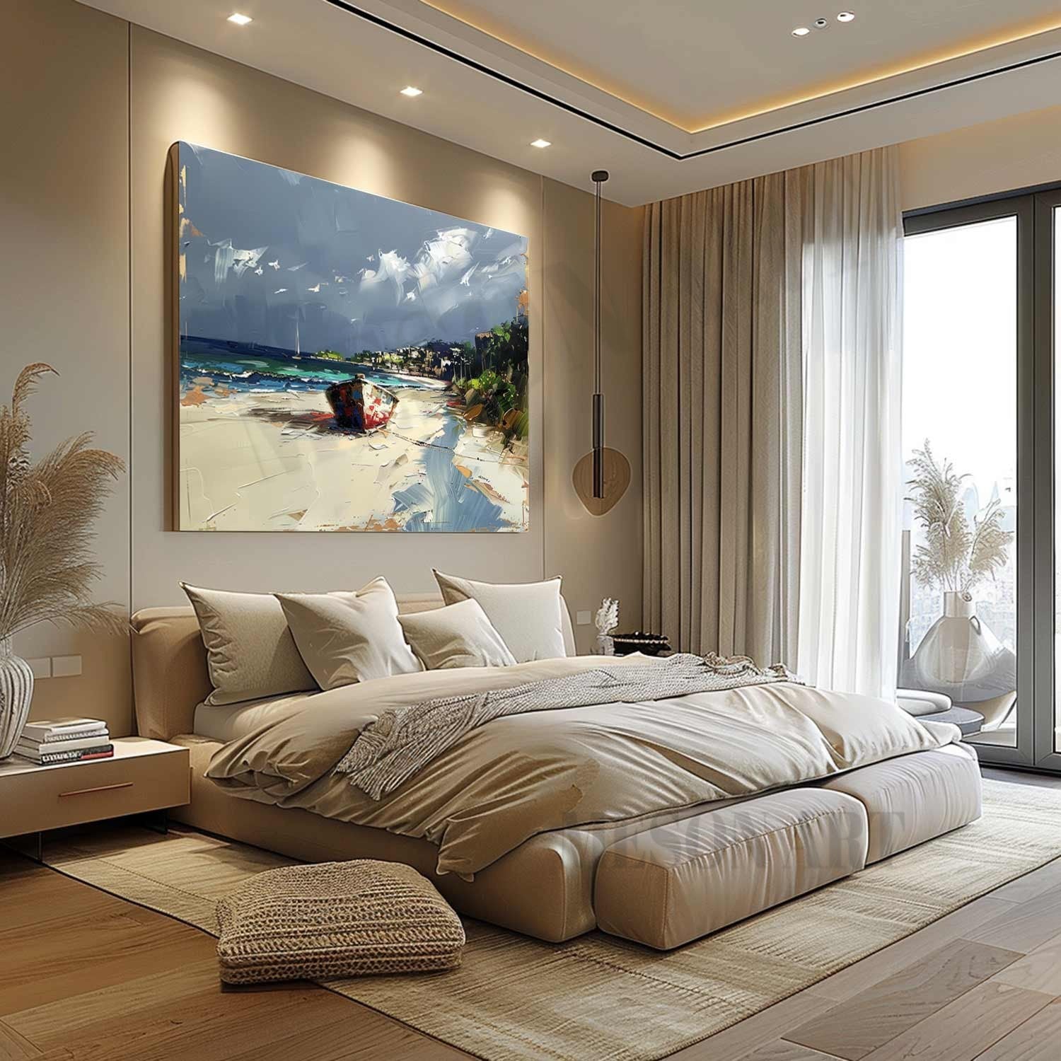 Seaside Ship Texture Painting Seaside Sailing Boat Canvas Wall Art 3D Sailing Ship Colorful Painting