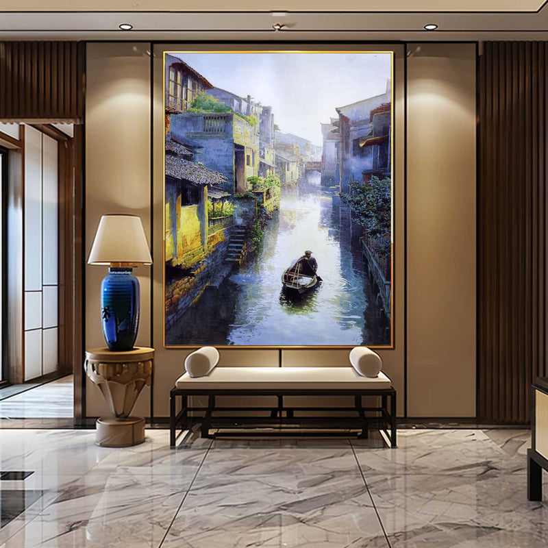 Large Realistic Water Town Landscape Art Venice Water Town Landscape Canvas Wall Art For Sale