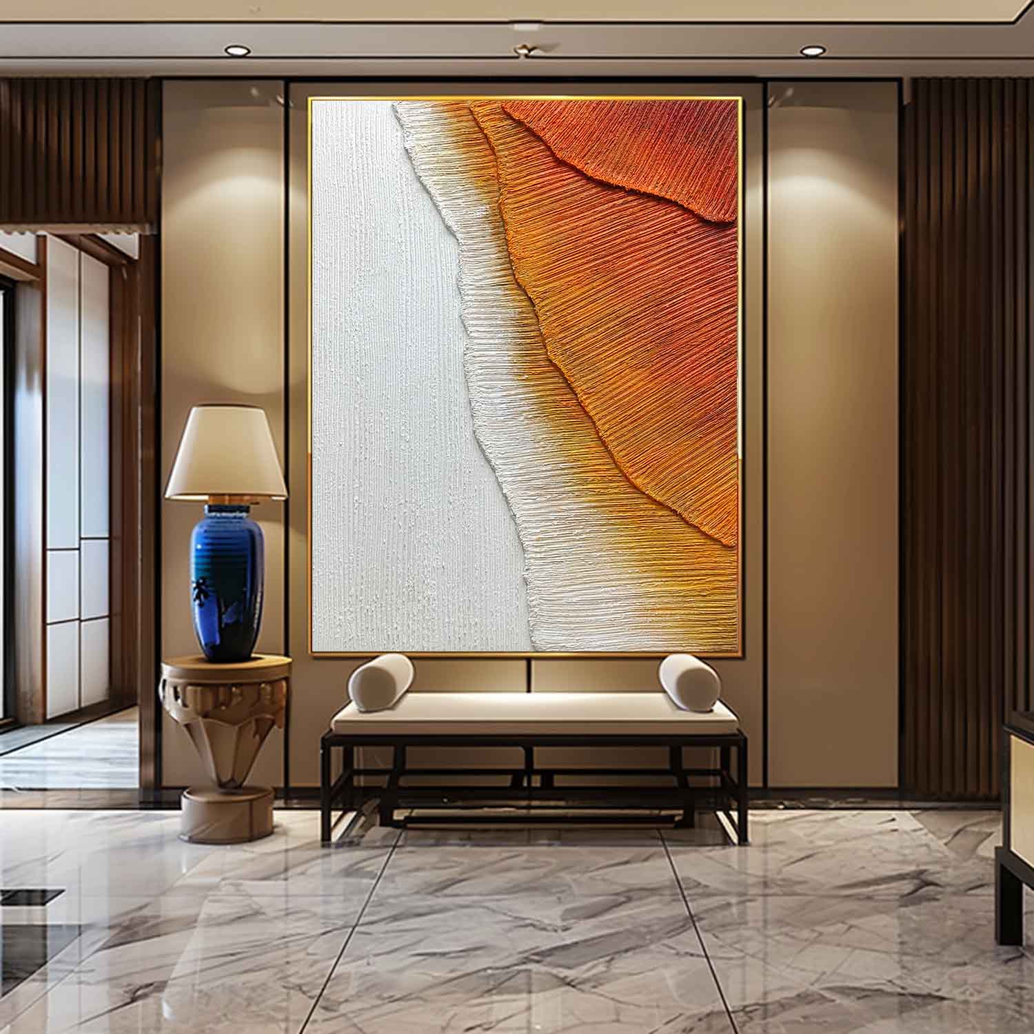 Large Orange And White Sea Wave Texture Painting 3D Plaster Art On Canvas Sea Modern Wall art Decor