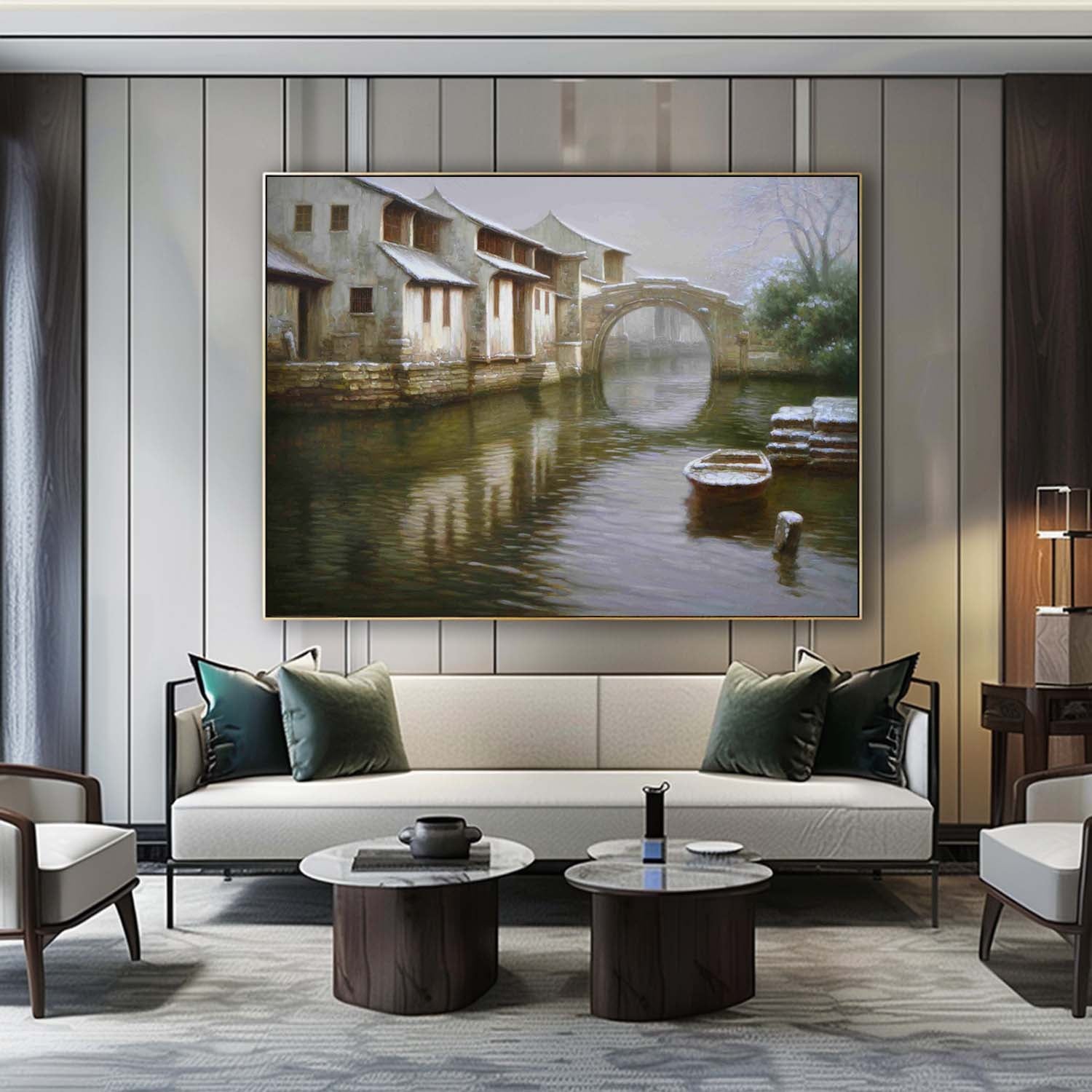 Super Realistic Ancient Water Town Landscape Art Ancient Town Water Town Landscape Canvas Wall Art.
