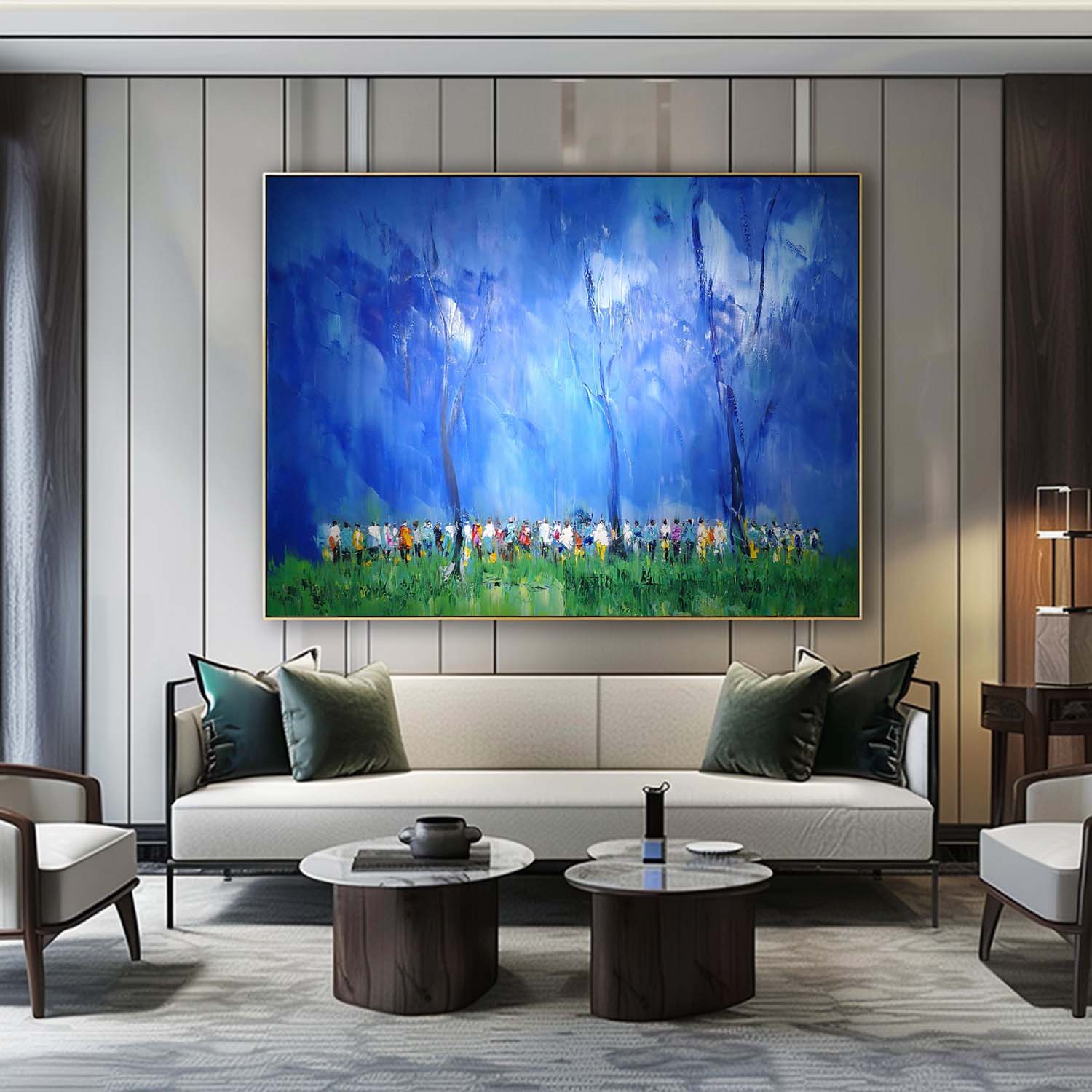 Large Blue Minimalist Oil Painting Modern Minimalist Blue Canvas Wall Art Blue Abstract Art For Sale
