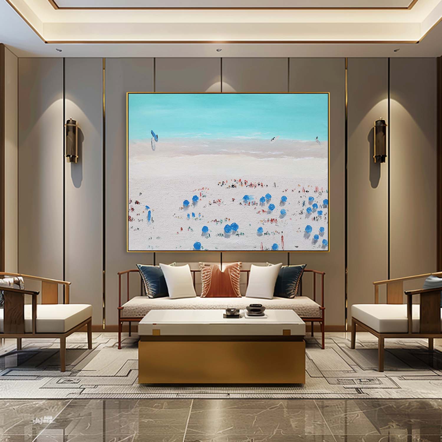 White Seaside Beach Abstract Art White Beach Minimalist Painting White and Blue Coast Art Wall Decor