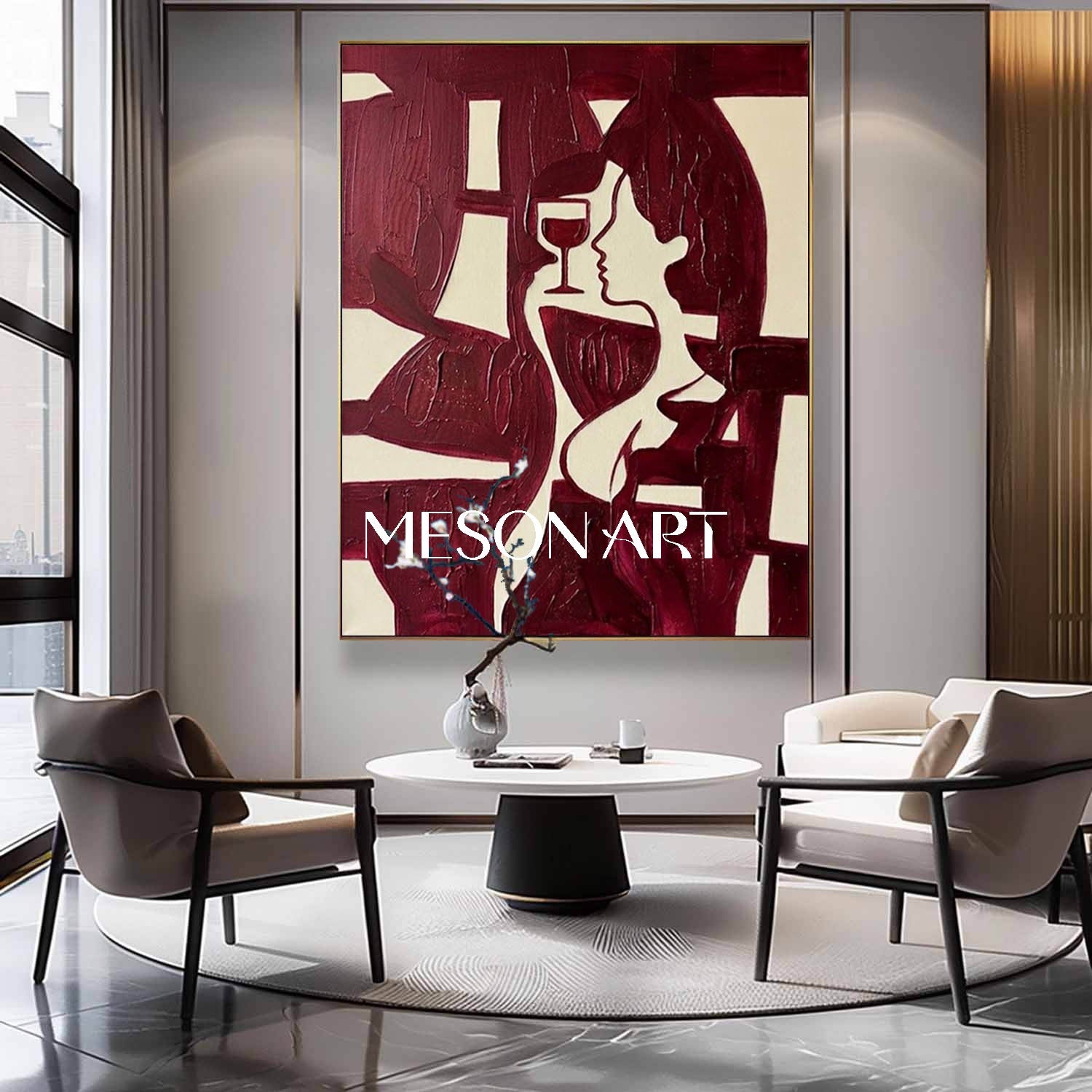 Burgundy Impasto Wall Art Modern Romantic Aesthetic Dining Room Statement Piece