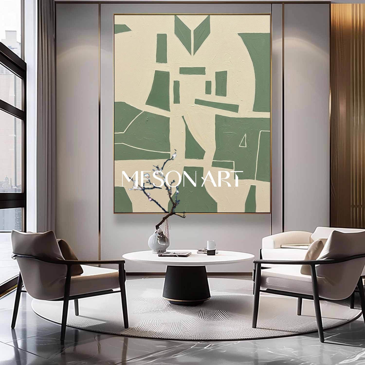 MesonArt Sage Green Abstract Canvas | 3D Geometric Plaster Art