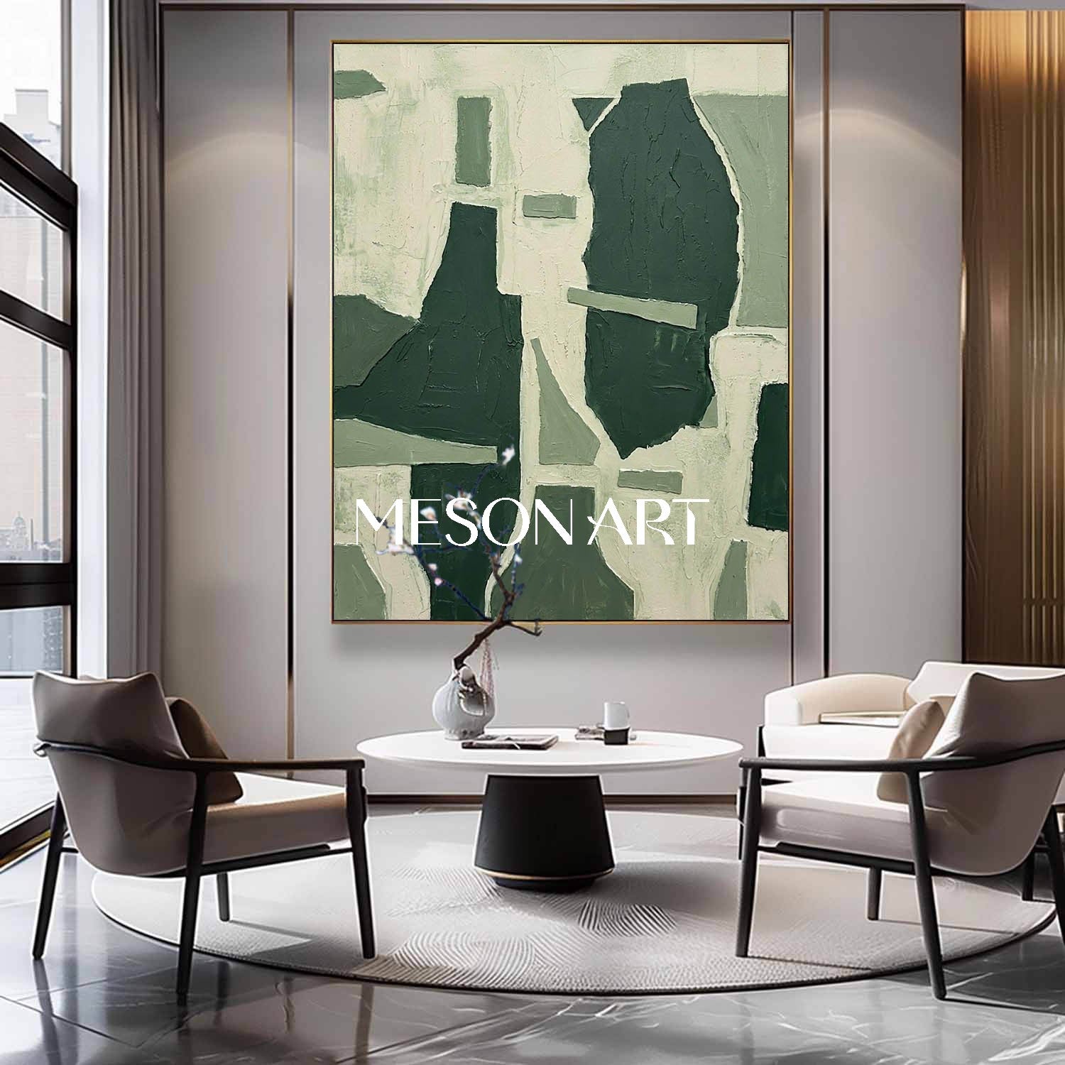 MesonArt Sage Green Geometric Canvas | 3D Textured Abstract Art